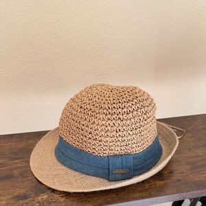 Steve Madden Tan Straw Fedora Hat with Denim Band